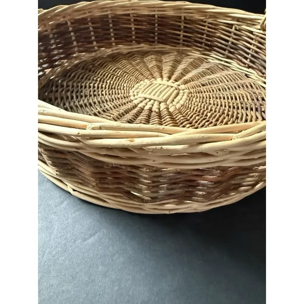 Vintage Handwoven Rattan Wicker Basket Round Handles Farmhouse Cottage Rustic